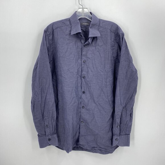 Saks Fifth Avenue Grey Navy Houndstooth Button Front Shirt Cotton Mens Large - Picture 1 of 5